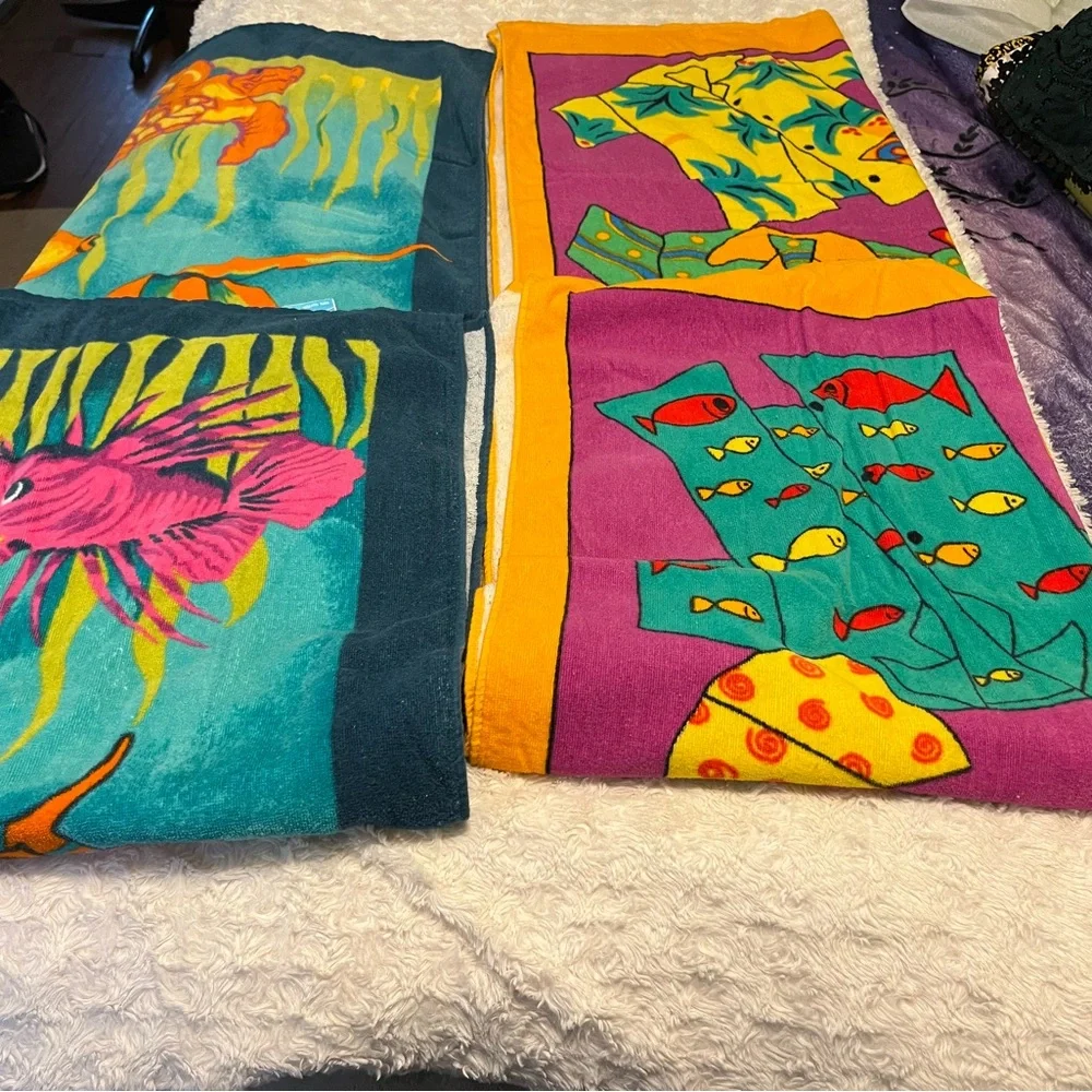 Vintage Tropical Beach Towels Set | Colorful Fish & Abstract Prints